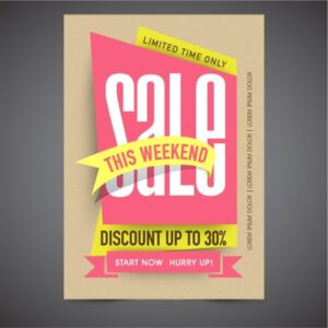 Sale brochure with pink and yellow shapes