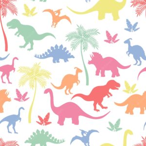 Seamless pattern with multicolored dinosaur silhouettes