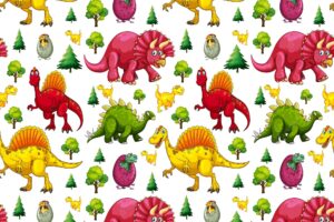 Seamless pattern with various cute dinosaurs and nature element on white background