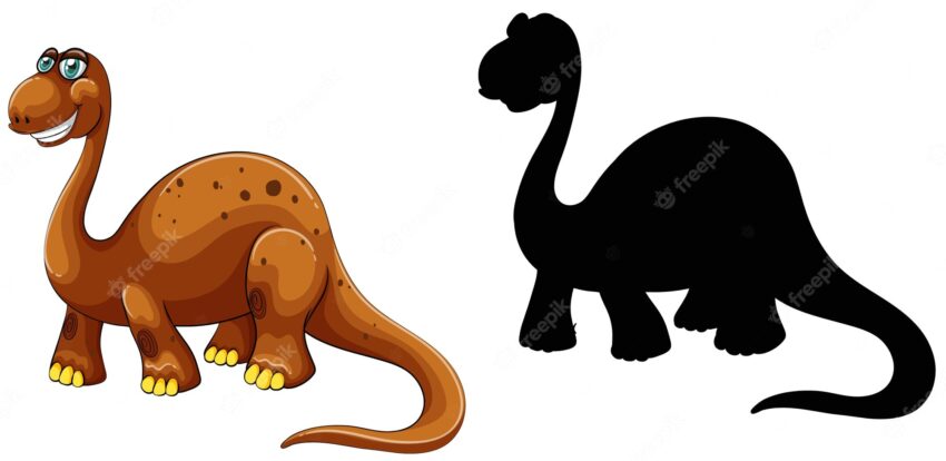 Set of dinosaur cartoon character and its silhouette on white