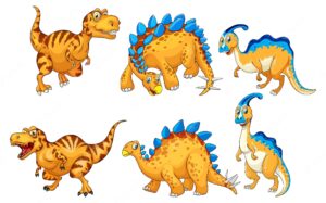 Set of orange dinosaur cartoon characters
