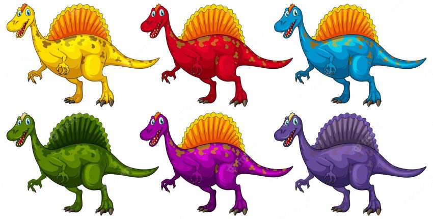 Set of spinosaurus dinosaur cartoon character