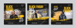 Set of three grunge banner of black friday sale social media pack template