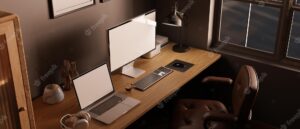 Top view modern comfortable home working space interior with laptop and computer mockup