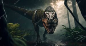 Trex in the jungle angry dinosaur generative ai