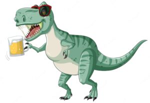 Tyrannosaurus rex dinosaur holding beer glass in cartoon style