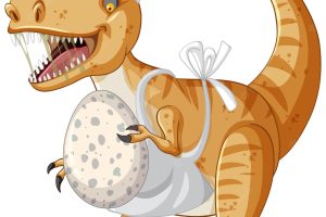 Tyrannosaurus rex dinosaur holding egg in cartoon style