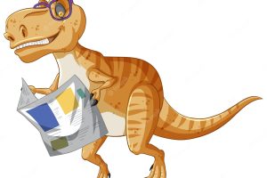 Tyrannosaurus rex dinosaur reading newspaper in cartoon style