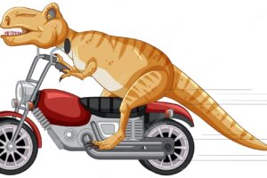 Tyrannosaurus rex riding motorcycle in cartoon style