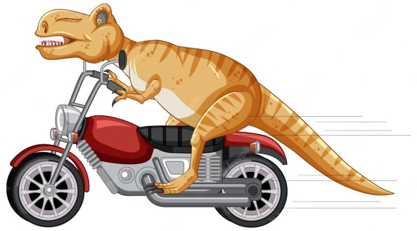 Tyrannosaurus rex riding motorcycle in cartoon style