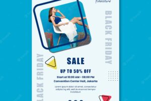 Vertical poster for black friday with woman and triangles