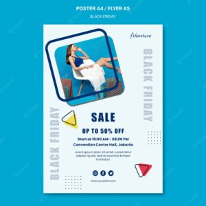 Vertical poster for black friday with woman and triangles