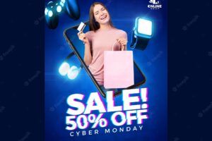Vertical poster template for cyber monday with woman and items