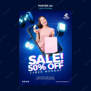 Vertical poster template for cyber monday with woman and items