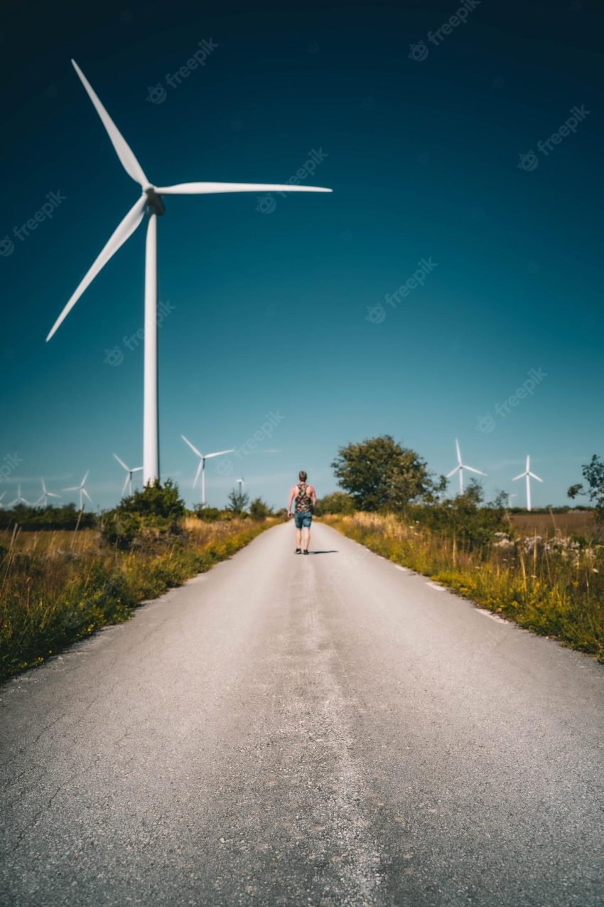 Vertical shot of a man walking on the road with windmill turbines on the roadsid