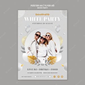 White party vertical poster template with balloons and leaves