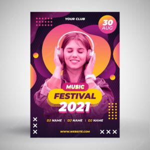 Woman with headphones music event poster template