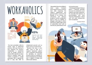 Workaholic magazine layout with office work symbols infographics flat
